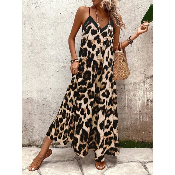 Leopard print maxi dress contrast stitching black tan BoHo vacation - Picture 1 of 4